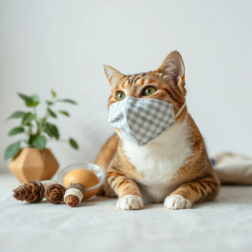 חתול חובש מסכה מבד נושם וידידותי לסביבה בסביבה ביתית מוארת