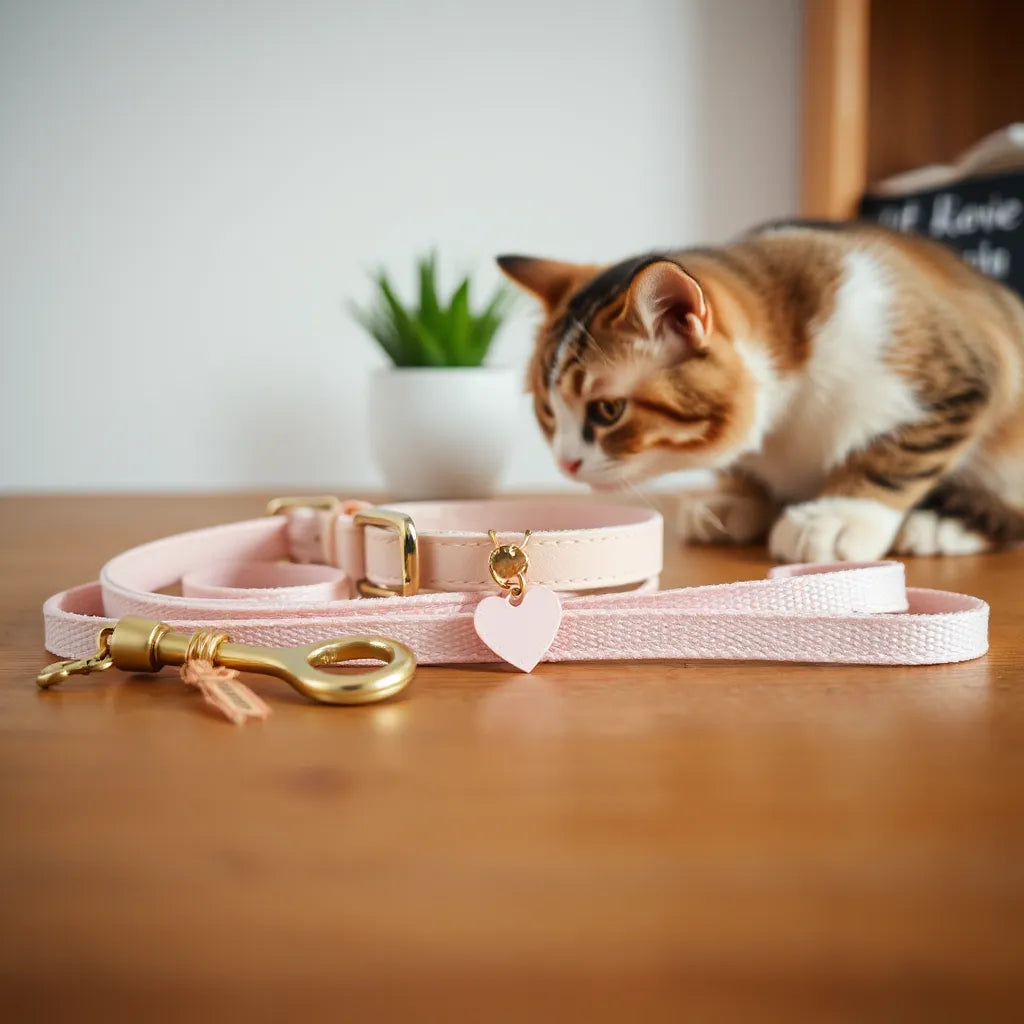 סט אביזרי חתול חמודים על שולחן עם קולר, רצועה ותג קטן ליד חתול ביתי
