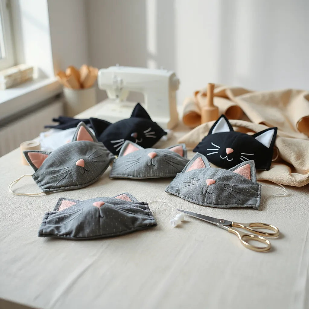 מספר מסכות פנים בסגנון חתולי עם צורות אוזניים ועיצובים יצירתיים על שולחן יצירה